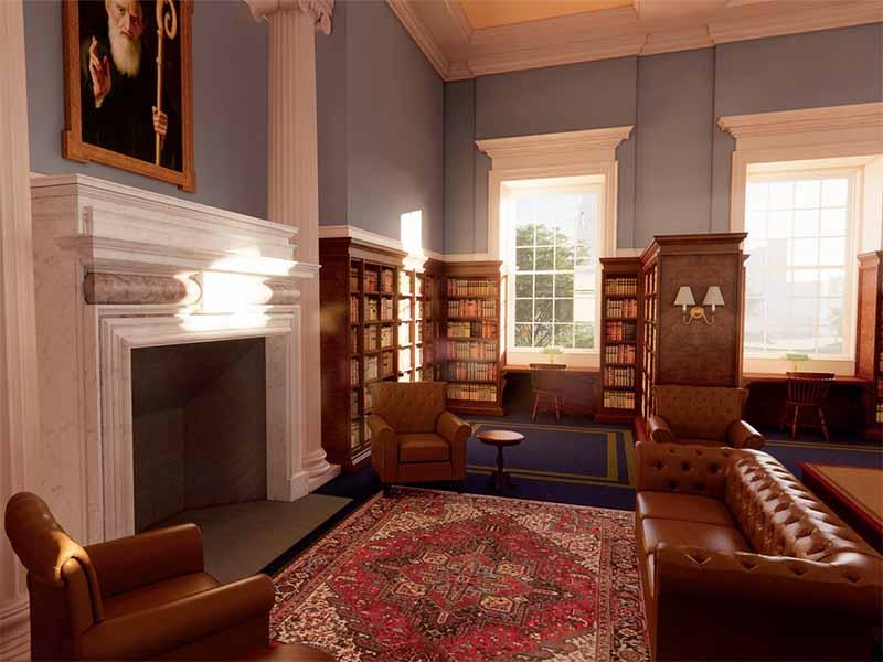 Rendering of a reading room with a fireplace in the Library